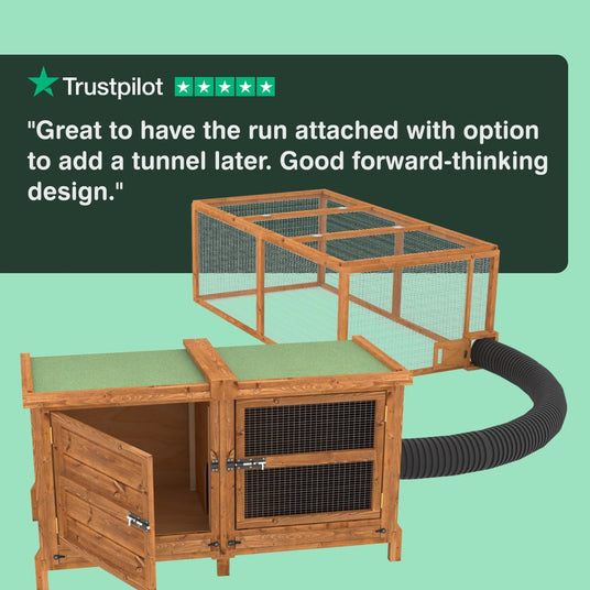 Wooden pet run with attached rabbit hutch and tunnel, and a Trustpilot 5-star rating.