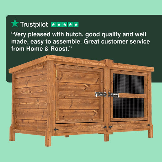 Wooden rabbit hutch with a Trustpilot 5 star reviews