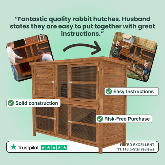 Wooden rabbit hutch with text highlighting features and positive reviews on a light green background