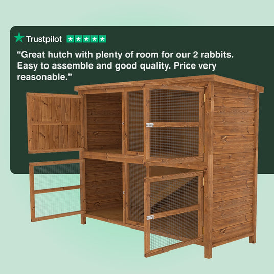 Wooden rabbit hutch with Trustpilot rating on a light green background