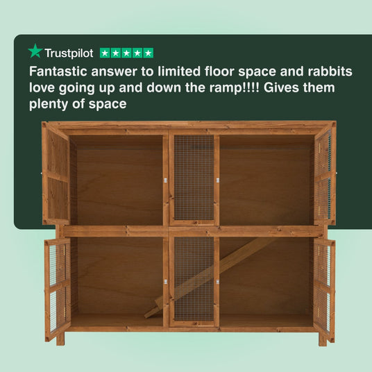 Wooden rabbit hutch with a ramp on a light green background, featuring a Trustpilot rating.