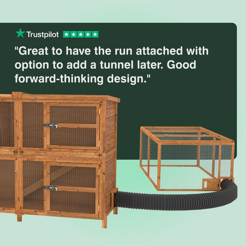 Wooden rabbit hutch and run with tunnel attachment and Trustpilot rating on a green background