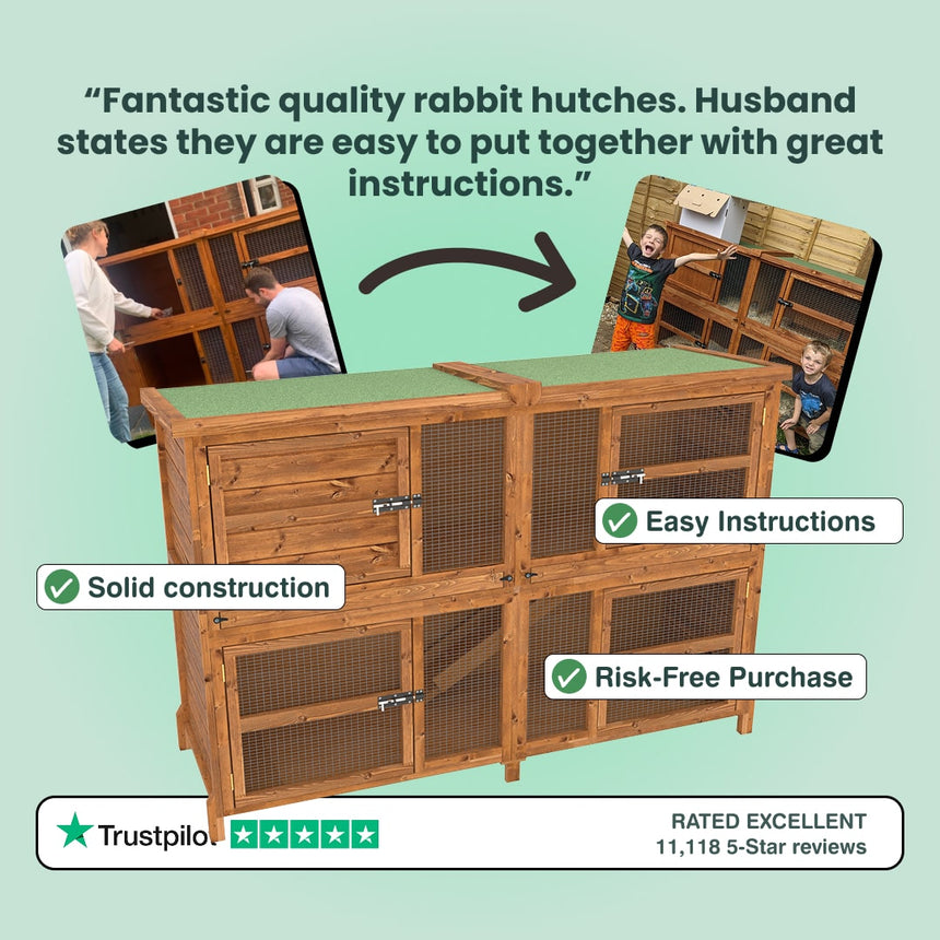 Wooden rabbit hutch with text highlighting features and positive reviews on a light green background