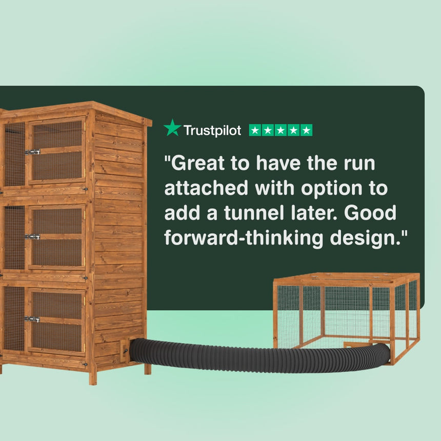 Wooden pet enclosure with attached run and tunnel, Trustpilot rating displayed.