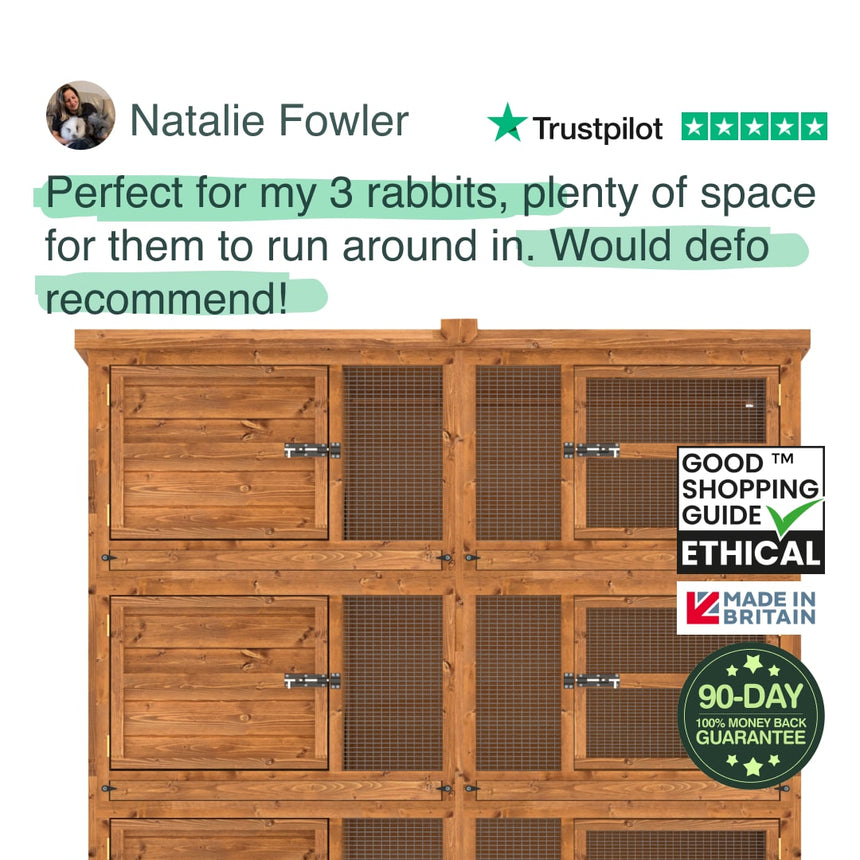 Wooden rabbit hutch with positive customer review and certification logos on a white background
