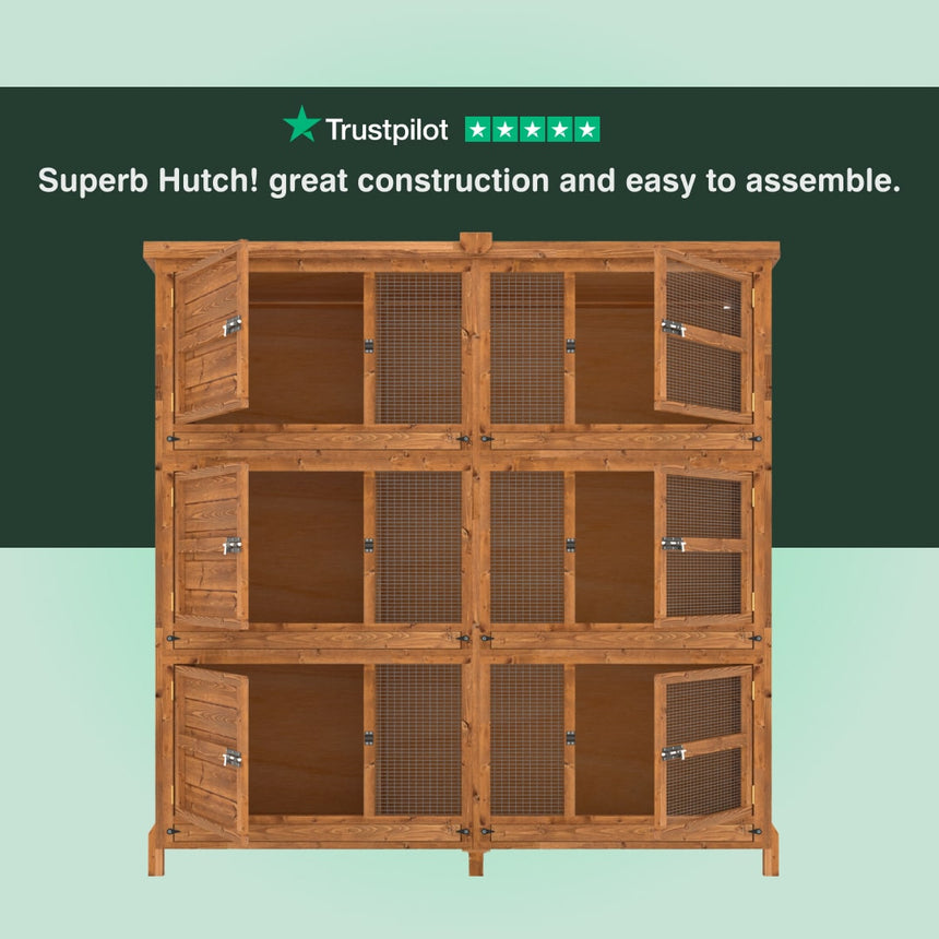 Wooden hutch with multiple compartments on a green and light blue gradient background, featuring Trustpilot rating.