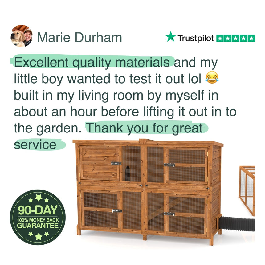 Wooden pet cage with text praising quality materials and ease of assembly, featuring Trustpilot logo.