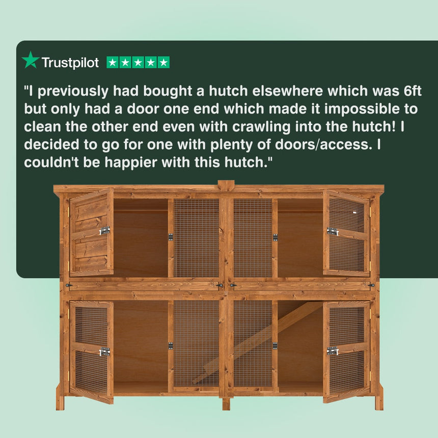 Wooden rabbit hutch with multiple doors on a light green background, featuring a Trustpilot review.