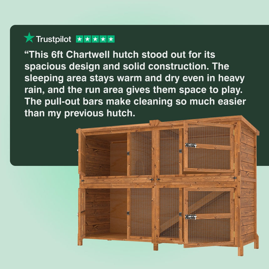 Wooden rabbit hutch with a Trustpilot review on a green background