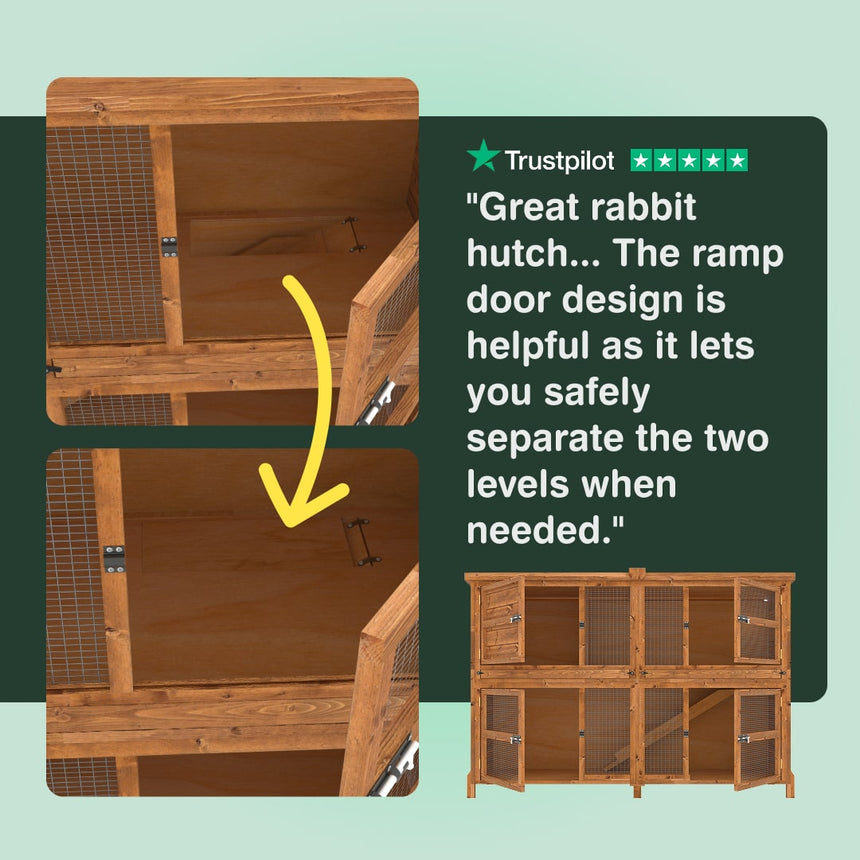 Wooden rabbit hutch with a ramp door design, featuring Trustpilot rating and review text.