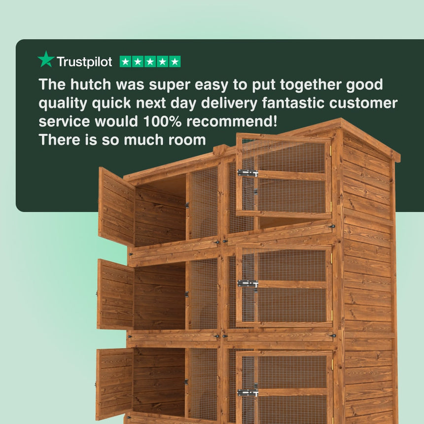 Wooden pet hutch with Trustpilot review text on a green background