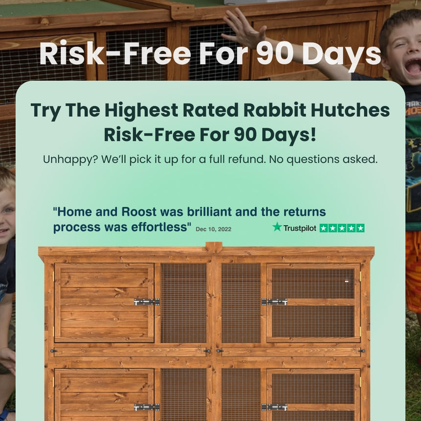 Wooden rabbit hutch with promotional text overlay on a light green background