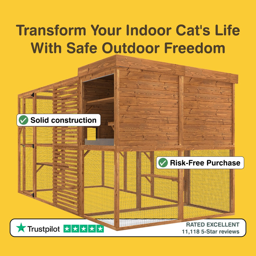 Wooden walk-in catio featuring solid construction and 90-day free returns.