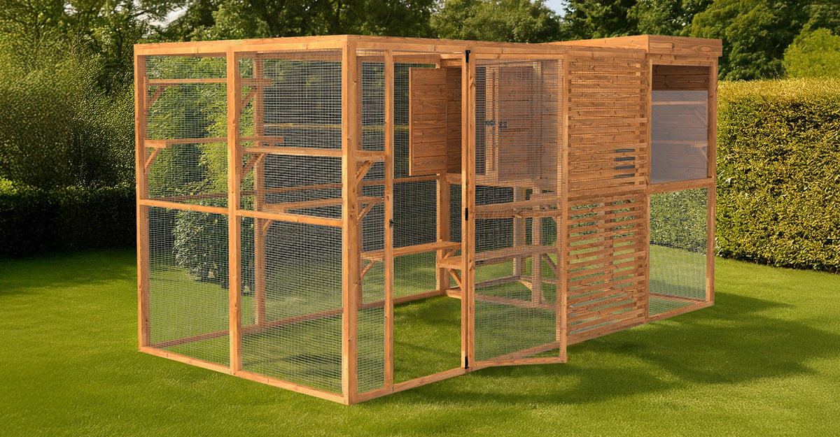 Luxury walk in catio in a garden ready for multiple cats