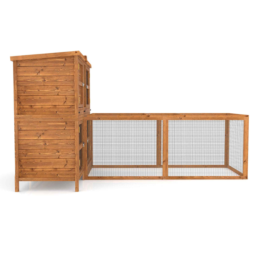 Wooden rabbit run with a separate living area on a white background