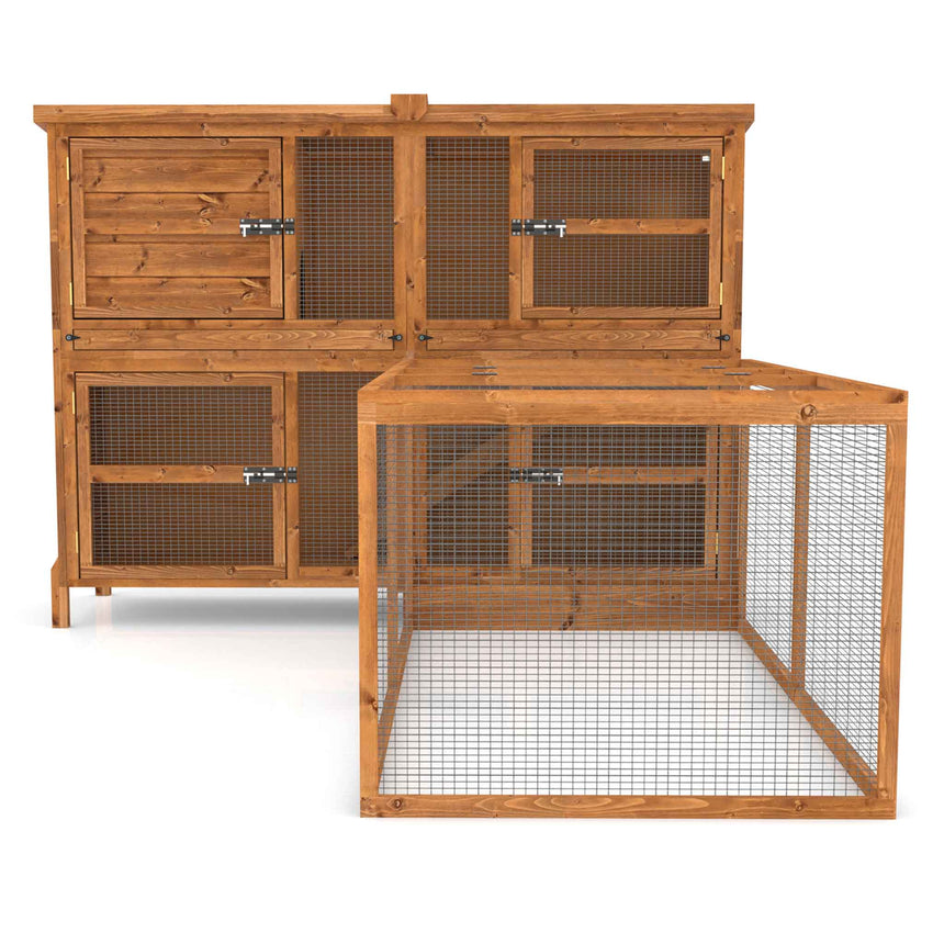 Wooden rabbit run with wire bottom on a white background