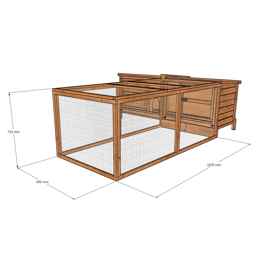 Wooden rabbit run with dimensions on a white background
