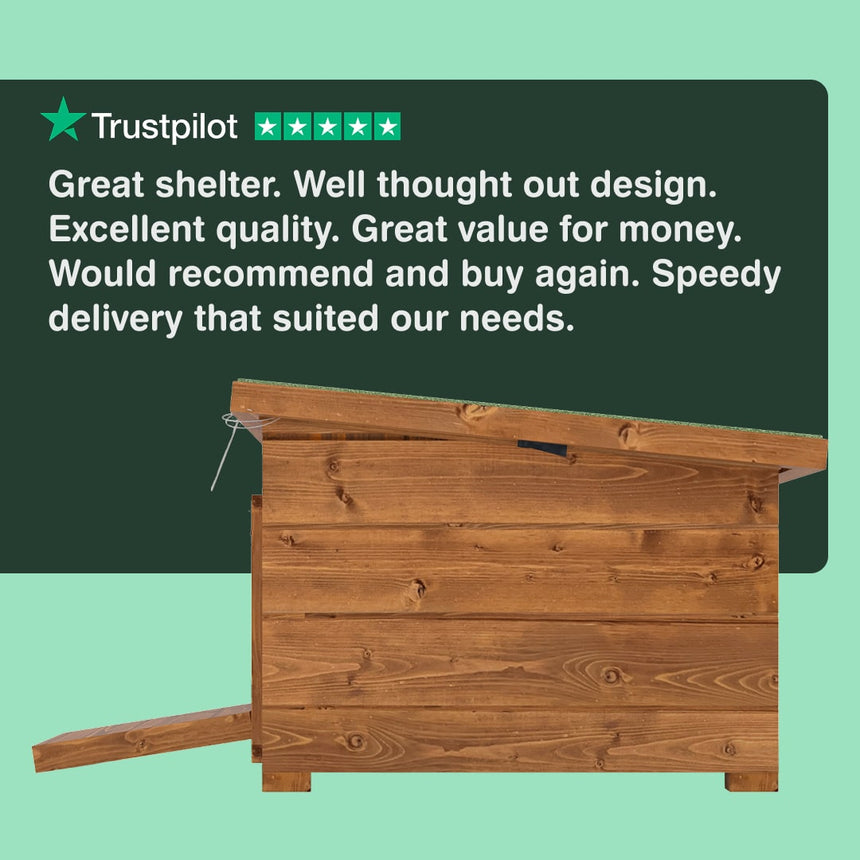 Wooden shelter with Trustpilot review text on a green background