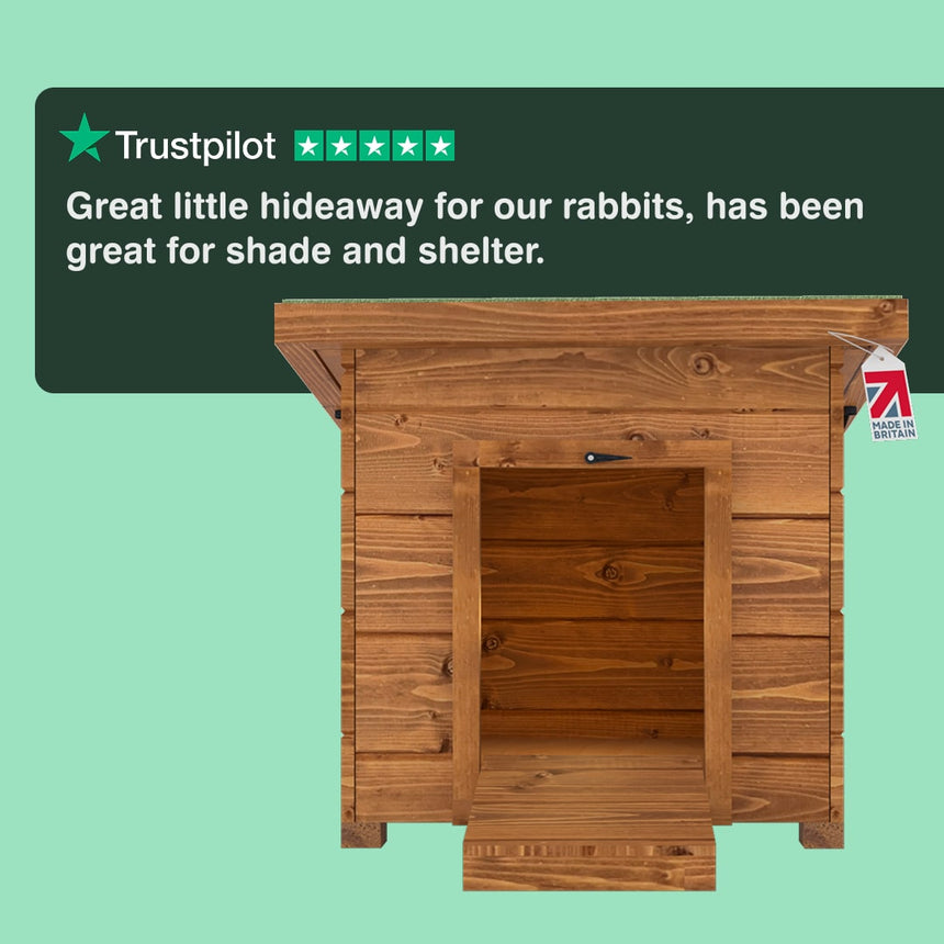 Wooden rabbit hideaway with a Trustpilot rating on a green background