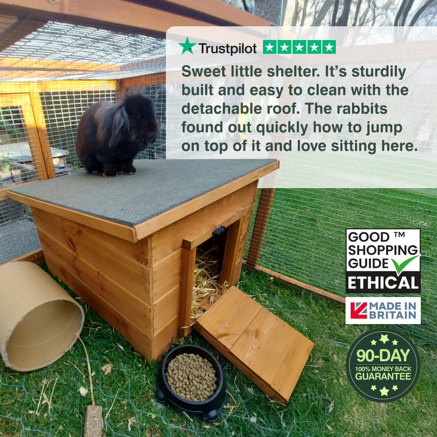 Wooden rabbit hutch with a detachable roof, rabbit on top, and text about product features.