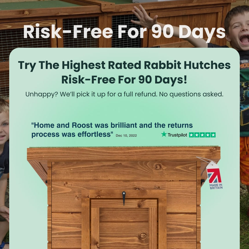 Wooden rabbit hutch with promotional text about a risk-free offer for 90 days.