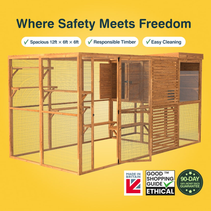 Wooden walk in catio enclosure with safety and freedom features on a yellow background