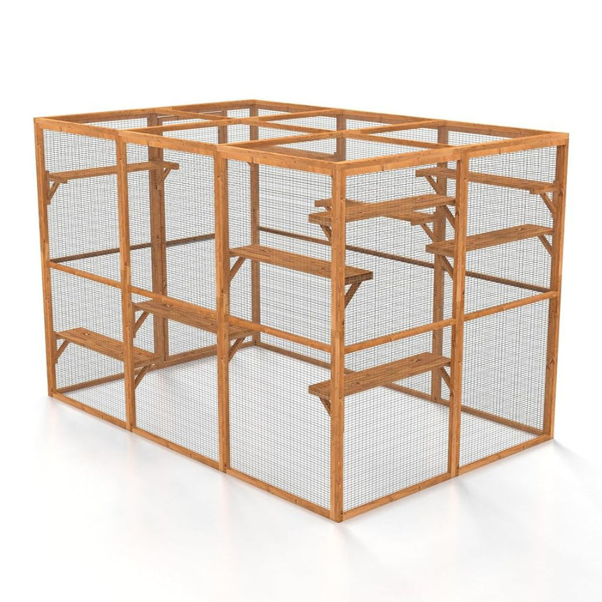 Wooden catio cage with wire mesh on a white background