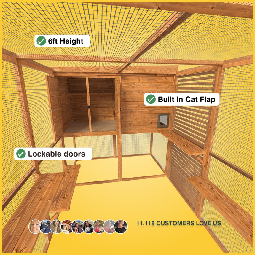 walk in outdoor catio 6ft height, built in cat flap and lockable doors.