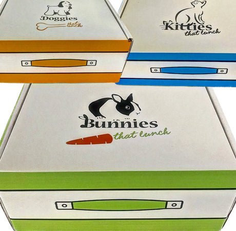 pet rabbit subscription box
 'Doggies that lunch', 'Kitties that lunch', and 'Bunnies that lunch' branding.