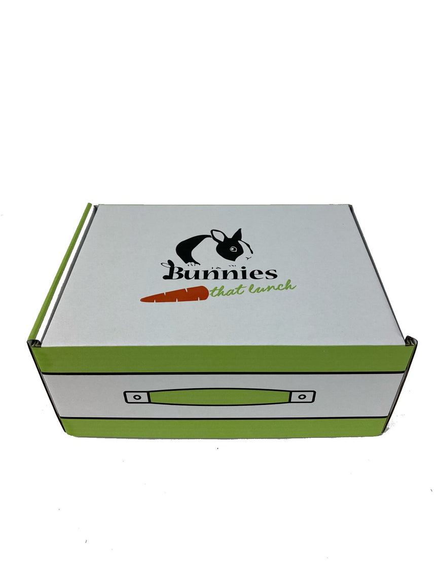 rabbit box subscription with 'Bunnies That Lunch' branding on a white background