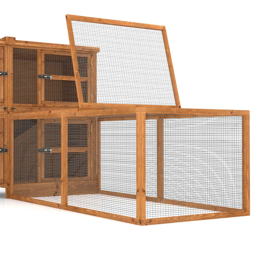 Wooden rabbit run with wire mesh on a white background