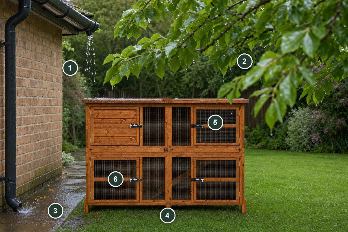 A wooden rabbit hutch on a wet lawn beside a house, with six numbered points showing where water reaches the timber