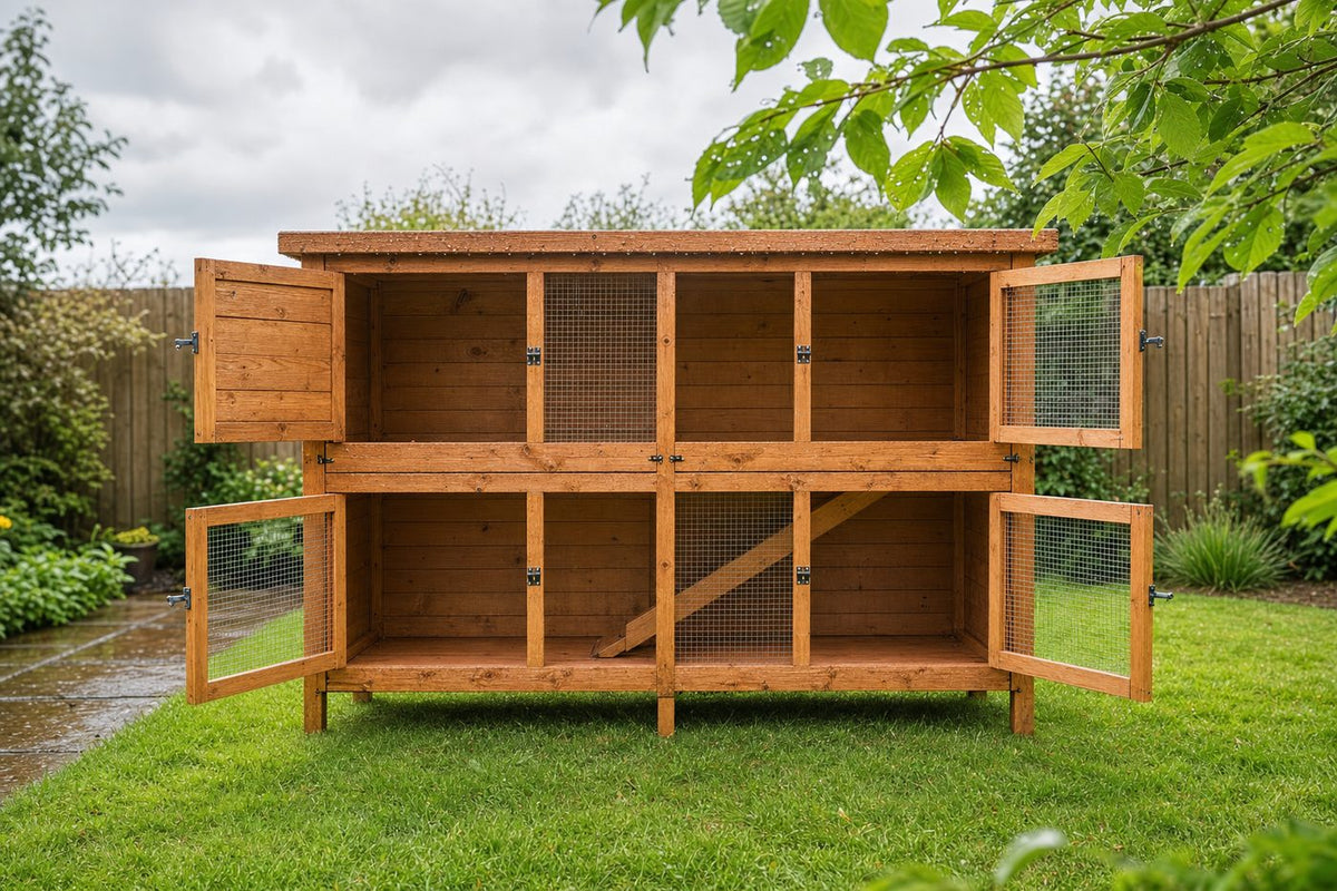 A wooden rabbit hutch with both doors open and the interior empty, airing dry after a clean