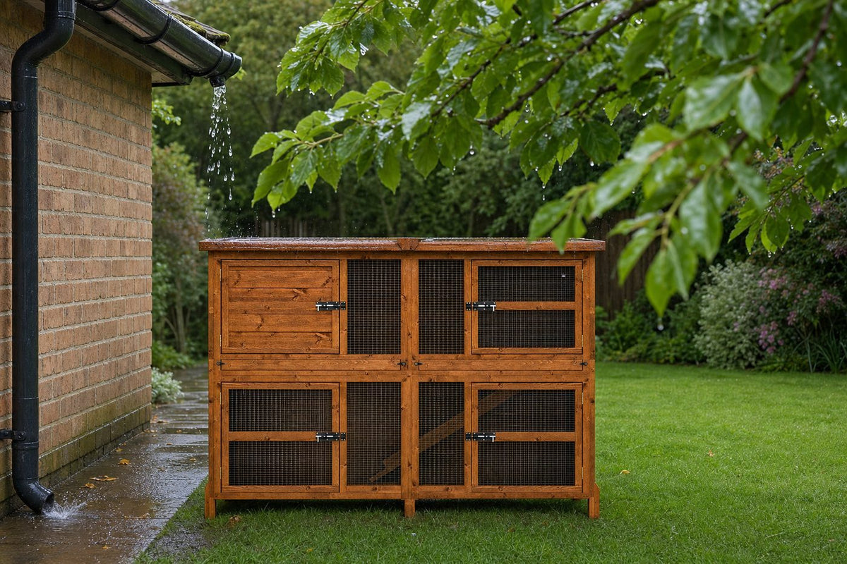 A wooden rabbit hutch on a wet lawn in a British garden just after rain