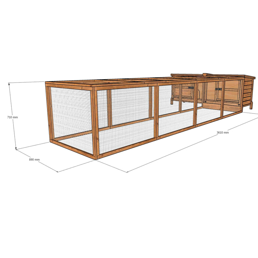 Wooden rabbit run enclosure with mesh sides and dimensions on a white background