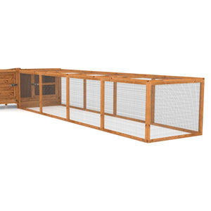 Wooden rabbit run cage with wire mesh sides on a white background