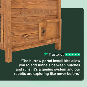 Wooden rabbit hutch with a tunnel door for adding a run or another hutch
