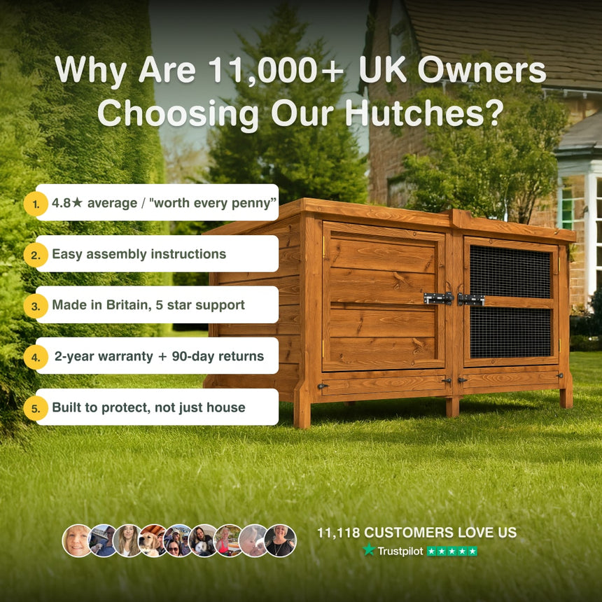 Wooden rabbit hutch in a garden with a title saying why you, 11,000 UK owners, choose our rabbit hutches.