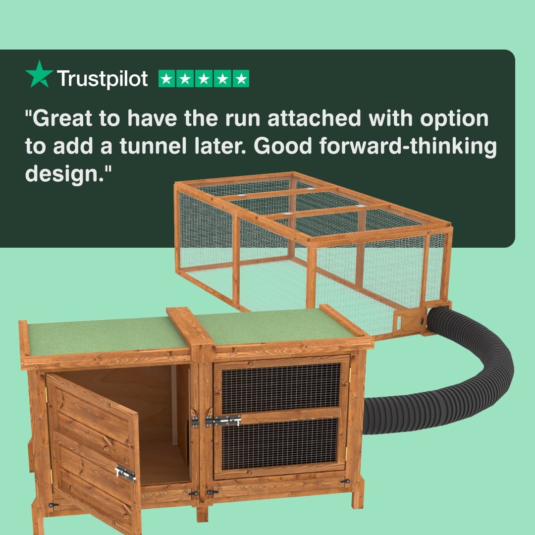 Wooden pet run with attached rabbit hutch and tunnel, and a Trustpilot 5-star rating.