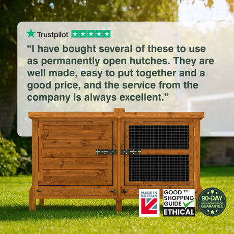 Wooden pet hutch on grass with Trustpilot review and ethical certification logos.