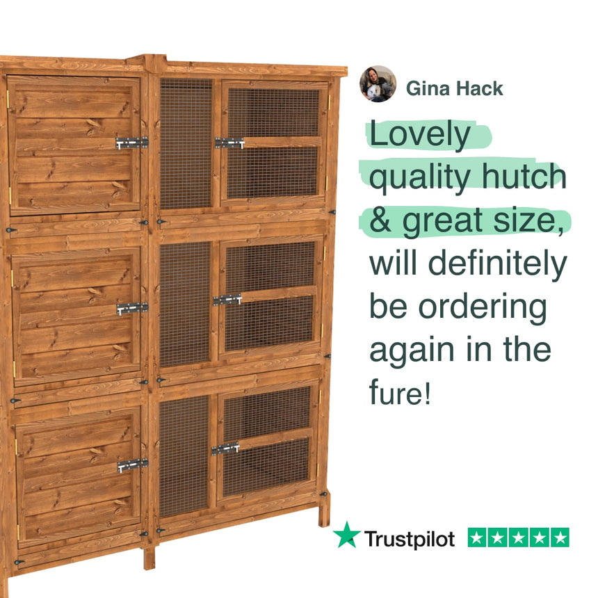 Wooden pet hutch with a positive review from Gina Hack on a white background