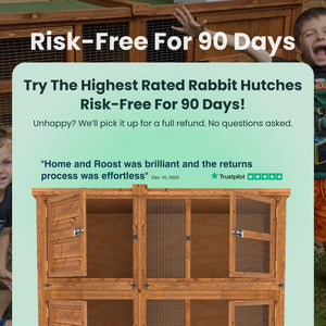 Wooden rabbit hutch with promotional text overlay on a light green background