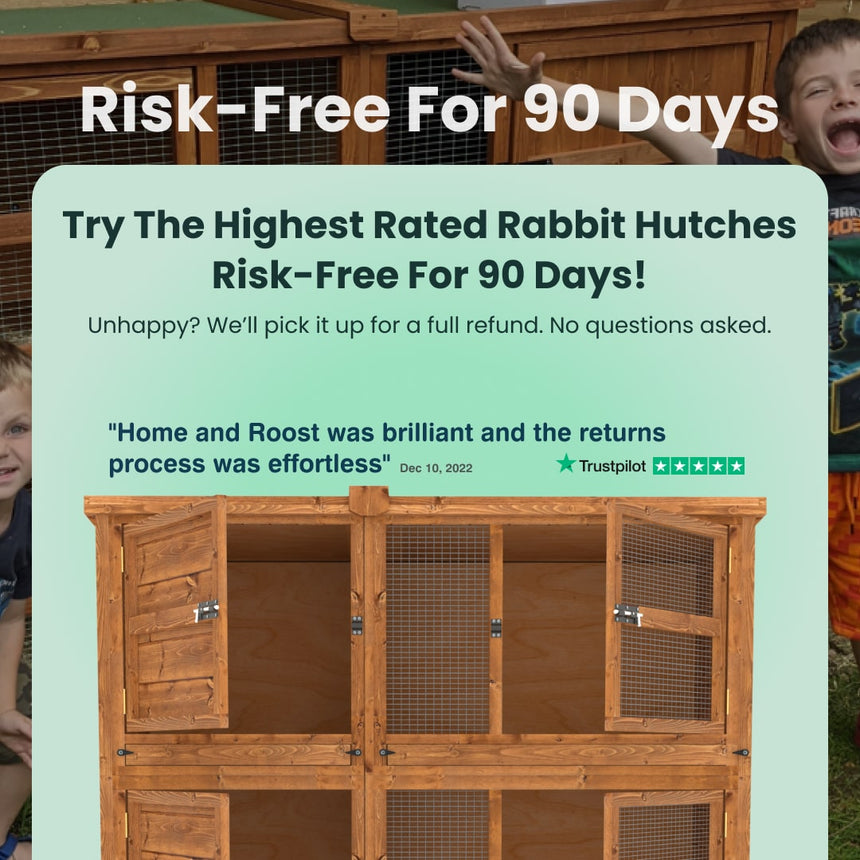 Wooden rabbit hutch with promotional text overlay on a light green background