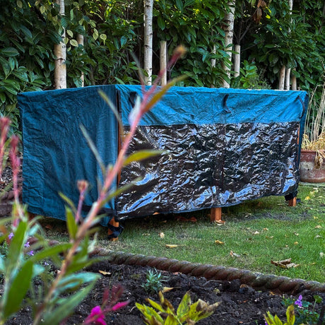 guinea pig hutch rain cover for a 5ft chartwell seen through the garden flowers