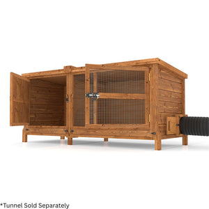 Wooden rabbit hutch enclosure with a tunnel on a white background