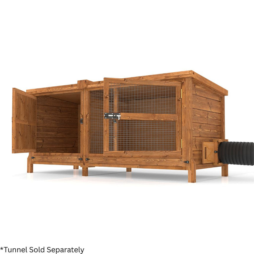 Wooden rabbit hutch enclosure with a tunnel on a white background