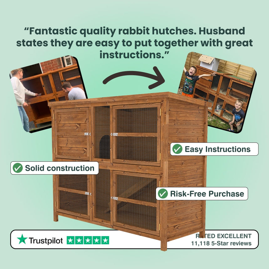Wooden rabbit hutch with text highlighting features and positive reviews on a light green background