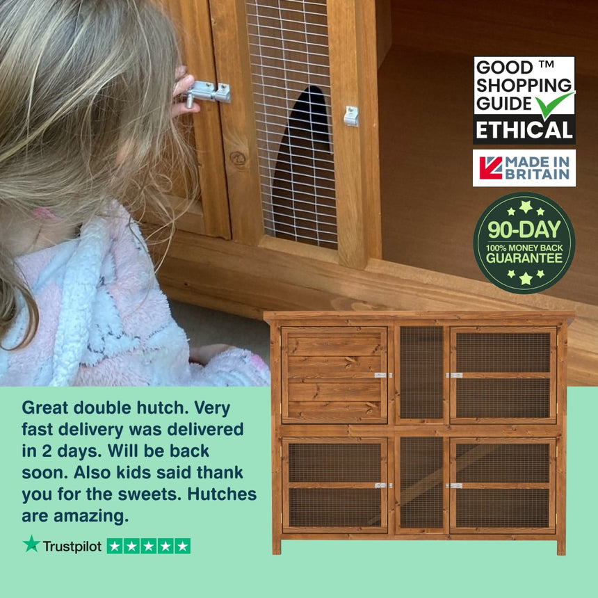 Wooden rabbit hutch with a child looking inside, Good Shopping Guide ethical and made in Britain logos, and Trustpilot review.