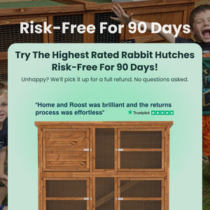 Wooden rabbit hutch with promotional text overlay on a green background