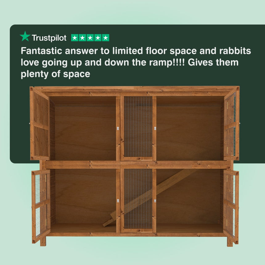 Wooden rabbit hutch with a ramp on a light green background, featuring a Trustpilot rating.